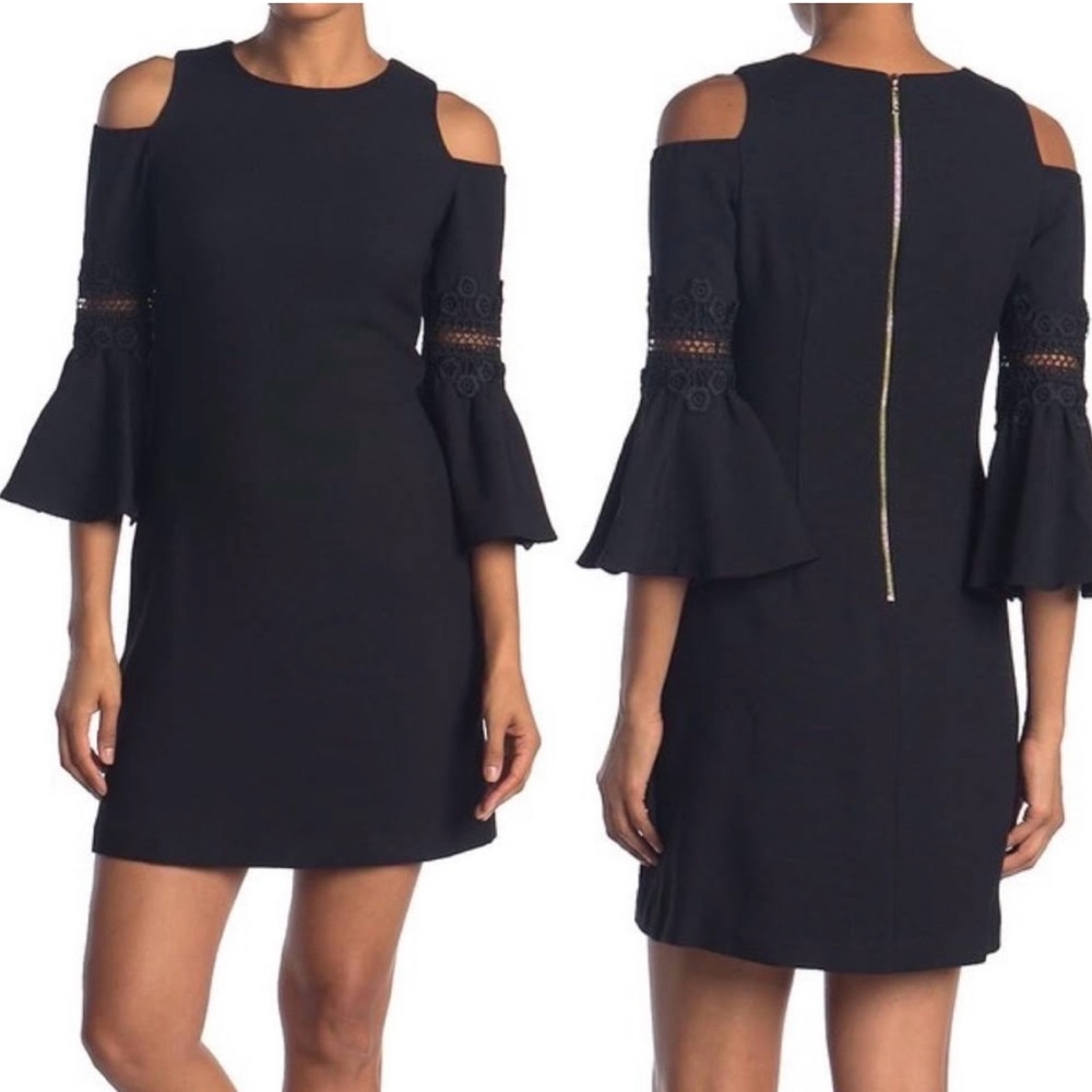 Eliza J. Cold-Shoulder Bell Sleeve A-Line Crew Neck Dress In Navy Blue Size 12P